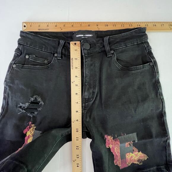 Homme + Femme NEW Distressed Flames Logo Jean Shorts Mens Sz 30 Black Stretch - Picture 6 of 8